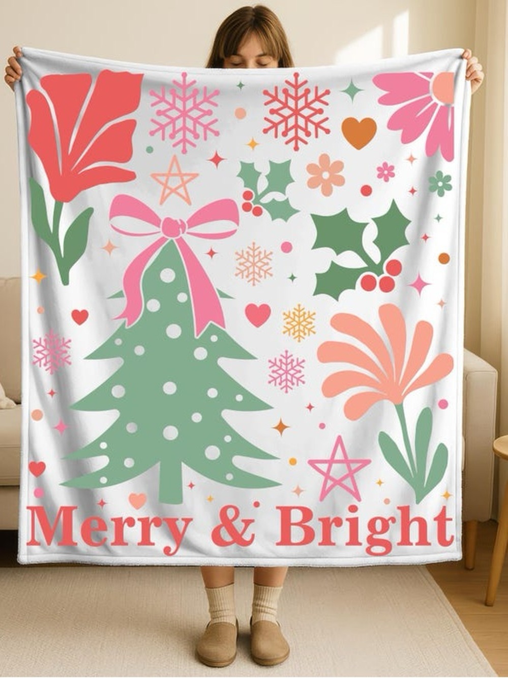 Merry & Bright Festive Holiday Throw Blanket - White, Green & Pink